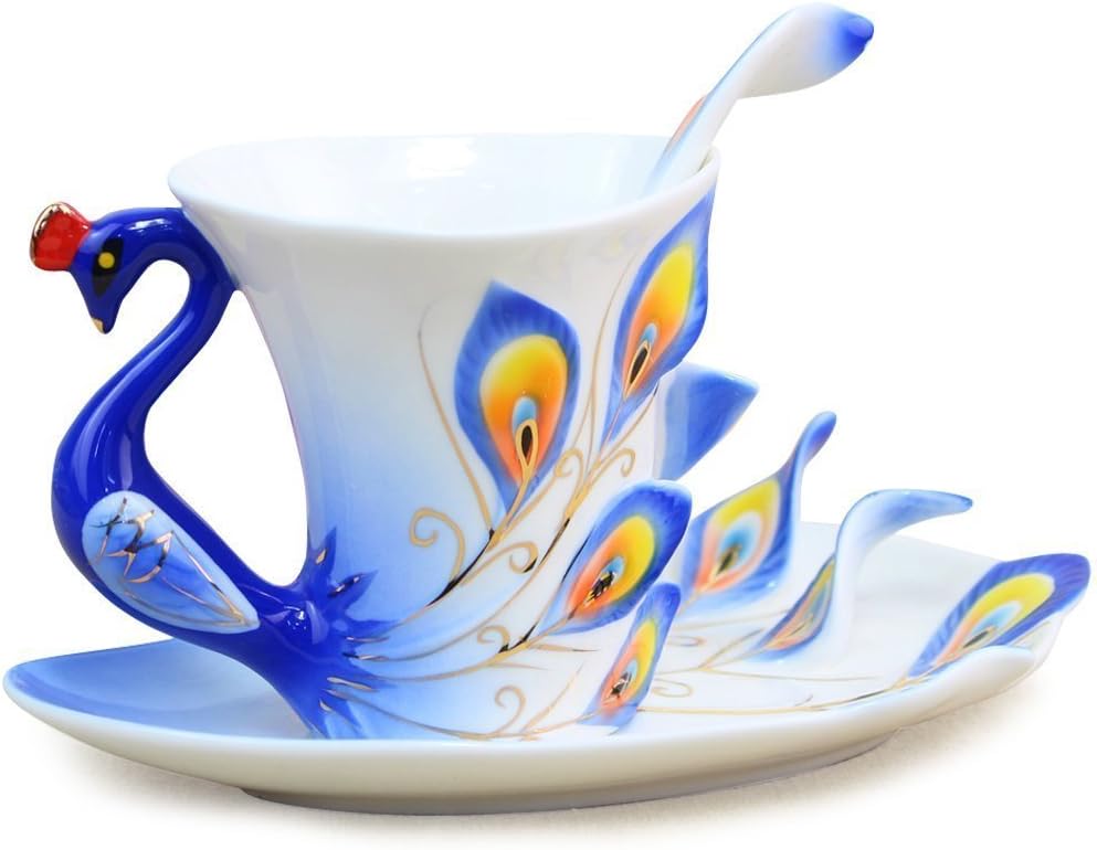 vanki 1 pc Collectable Fine Arts China Porcelain Tea Cup and Saucer Coffee Cup Peacock Theme Romantic Creative Present,Blue