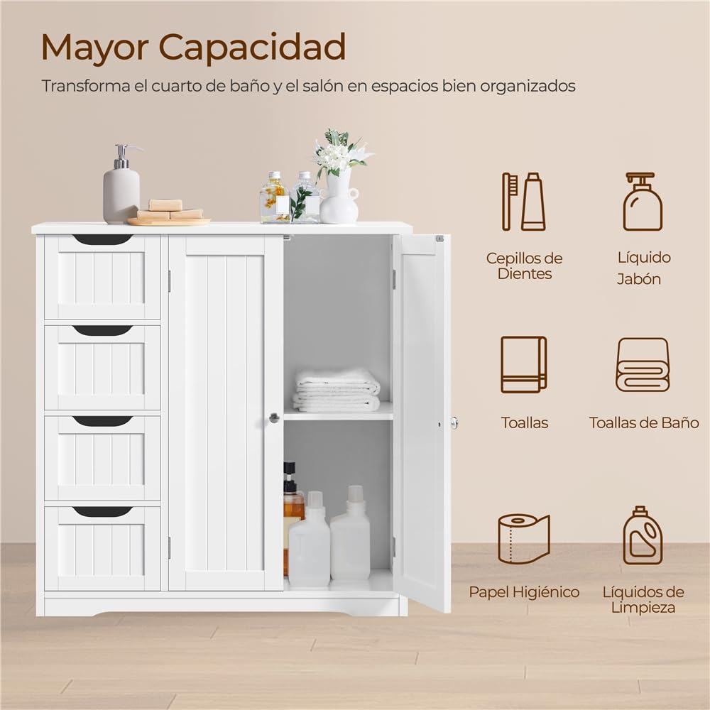 Yaheetech Armario Baño de Suelo Mueble Baño con 4 Cajones Mueble Auxiliar Cómoda Armario con 2 Puertas, Estante Ajustable 81x30x83 cm Blanco