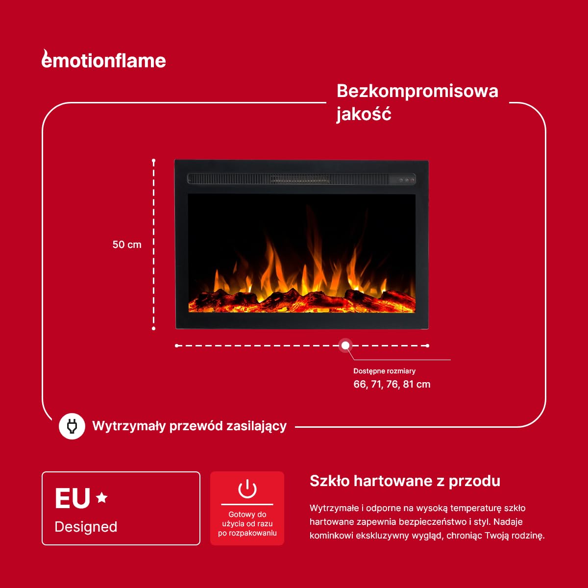 Wkład elektryczny Emotion Flame Infinity do kominka elektrycznego - ogień premium - do zabudowy - 71x14x50 cm - kominek LED z grzaniem 750/1500 W