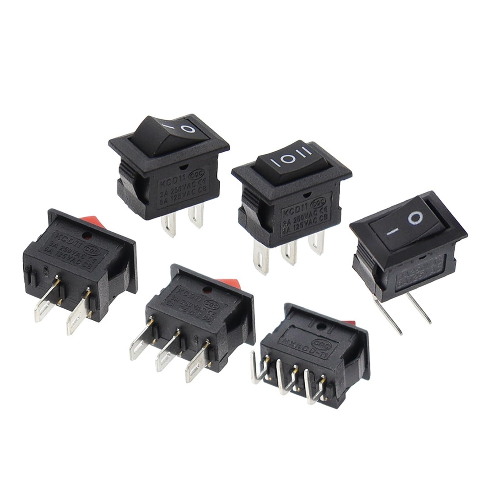100 interruptores basculantes KCD11 de 10 x 15 mm, mini pulsador, ON-OFF/ON-OFF-ON, 2 pines, 3 A, 250 V CA, 6 A, 125 V CA(3Pin L-type black)