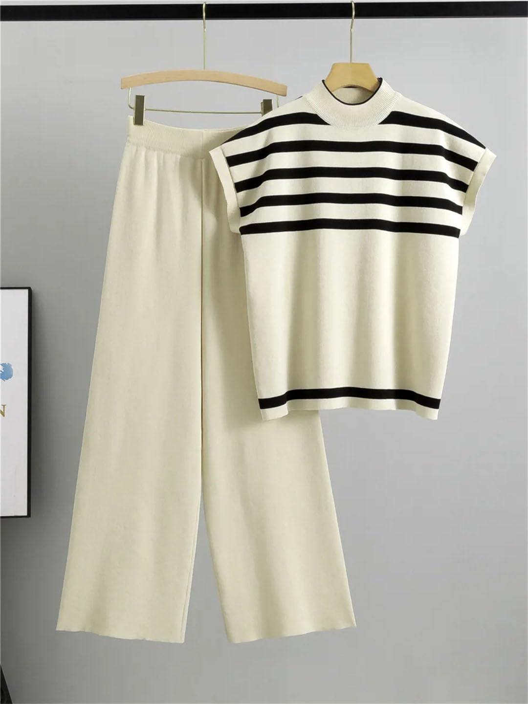 Donne Estate Seta Ghiaccio A Righe In Maglia Due Pezzi Slim Manica Corta Top Pullover Tee Conjunto Vita Alta Gamba Larga Pantaloni Abiti