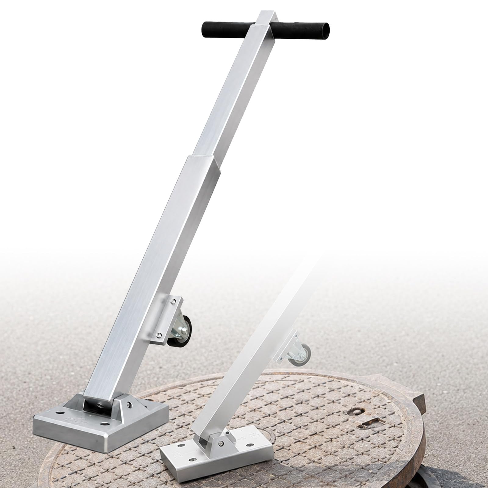 Sollevatore magnetico per tombini con forza di trazione di 270 kg e ruote. | Apri-coperchi per fognature con maniglia retrattile. Il magnete al neodimio da 270 kg solleva coperchi in ghisa, griglie