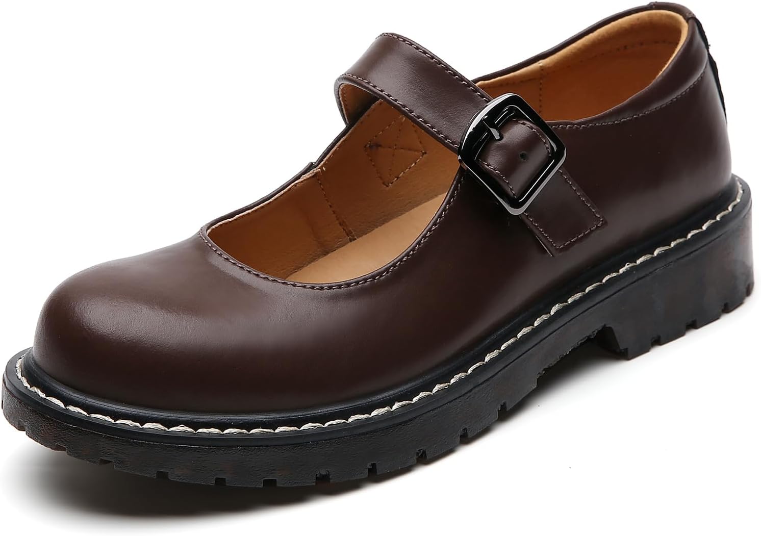 xmm mary jane shoes women oxford shoes leather round toe flats non-slip ankle buckle strap comfort casual dressy cosplay party school work shoes 8.5 brown