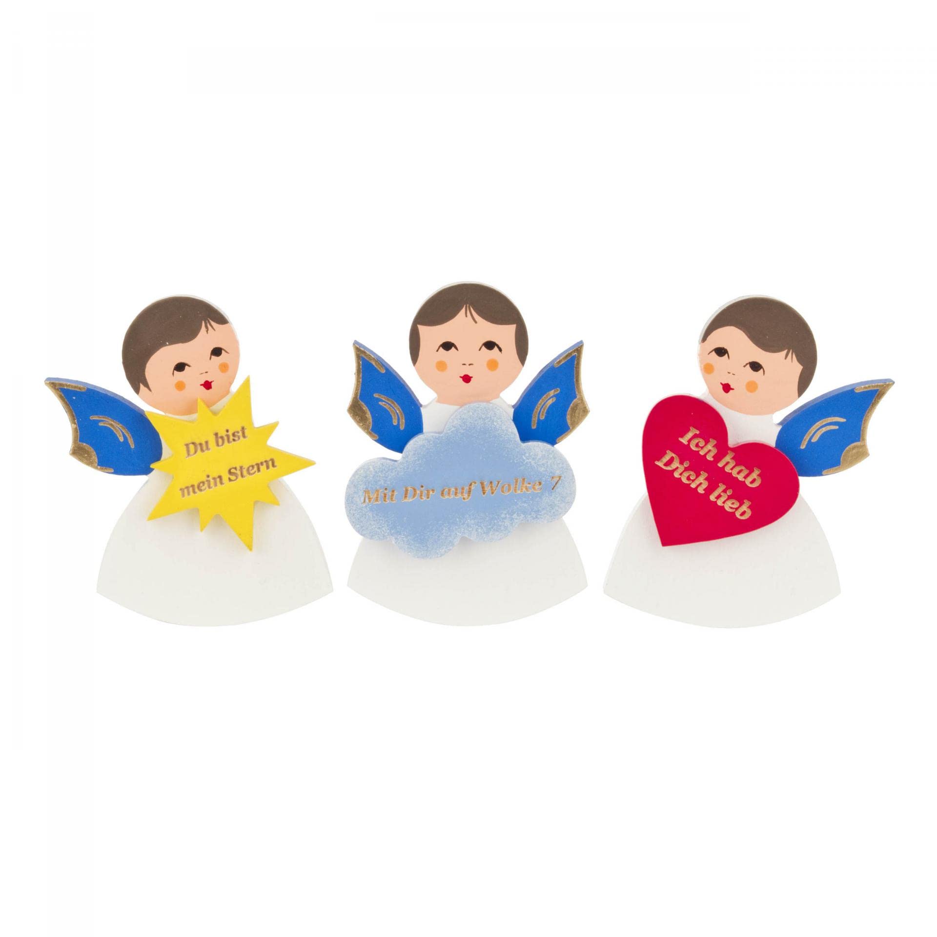 Ángel de madera con alas azules que inspira paz y protección con refranes en el corazón