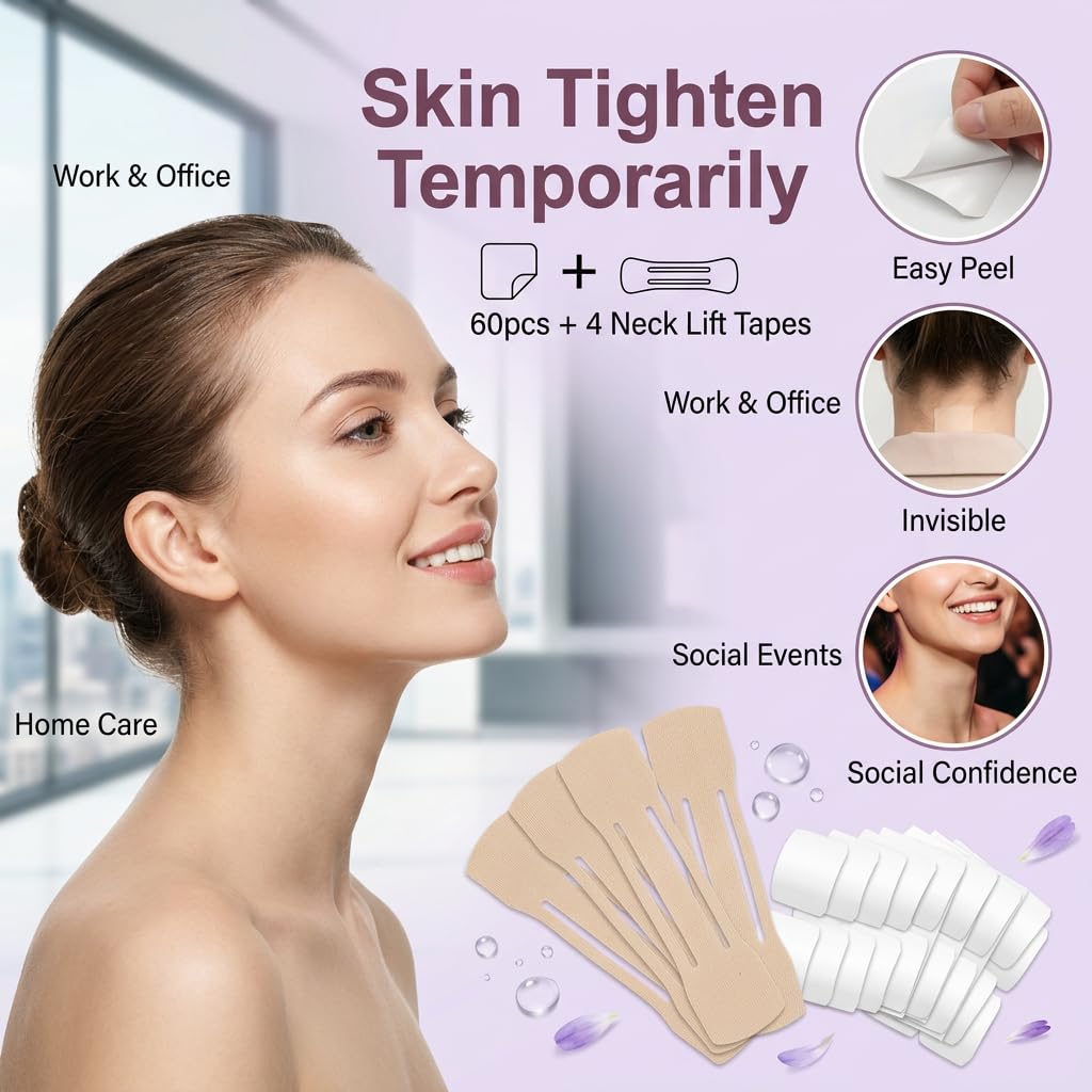 60 PCS+4 Strips Neck Tape Lifting Invisible,Neck Lift Tape,Tightening Tape,Improves Neck Less Tape Strips Clear for Double Chin Sagging Skin Jawline Jowls Wrinkles