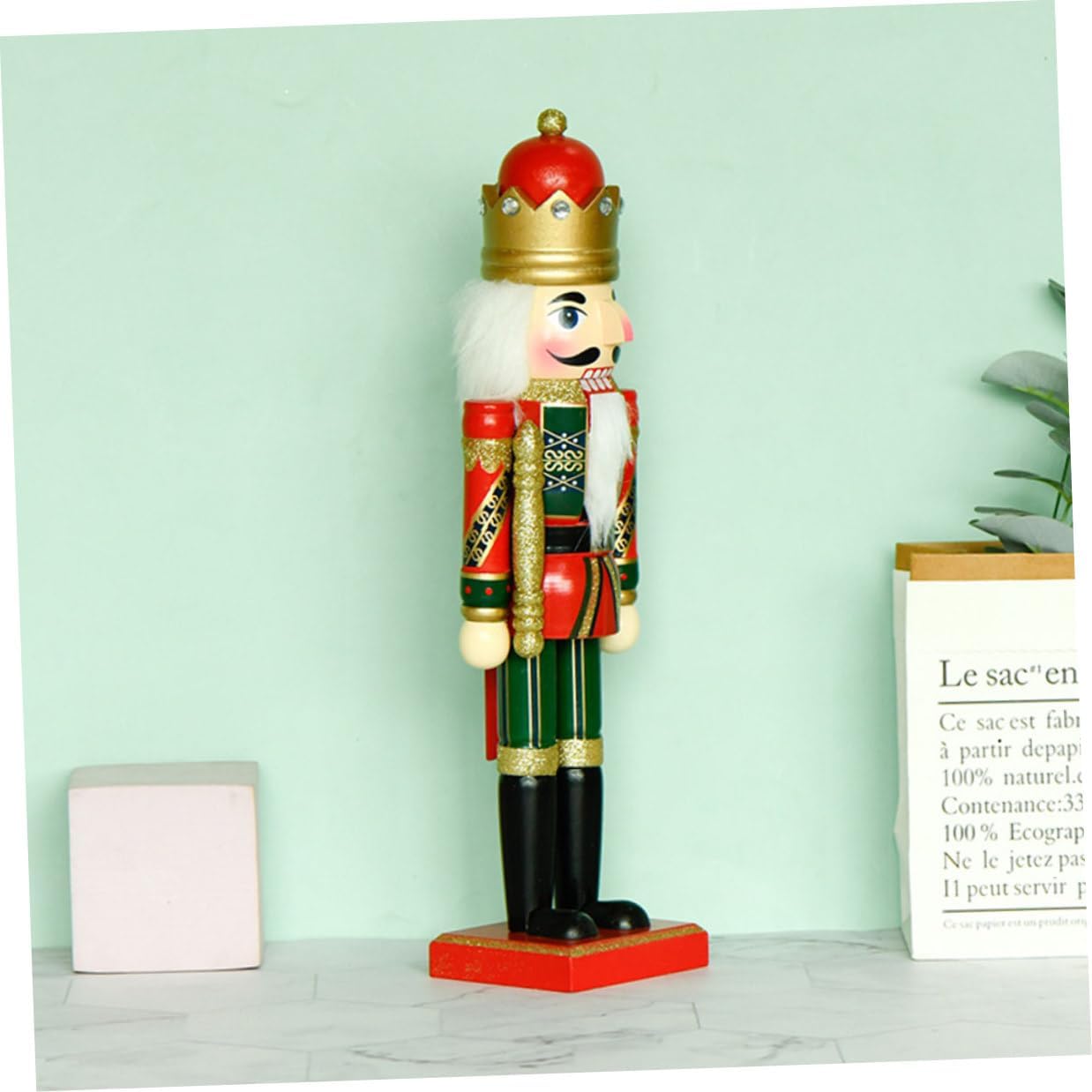 Wooden Christmas Nutcracker Figurine 36cm Crimson Body Emerald Legs Decorative Xmas Holiday Home Ornament for Desktop and Party Decor