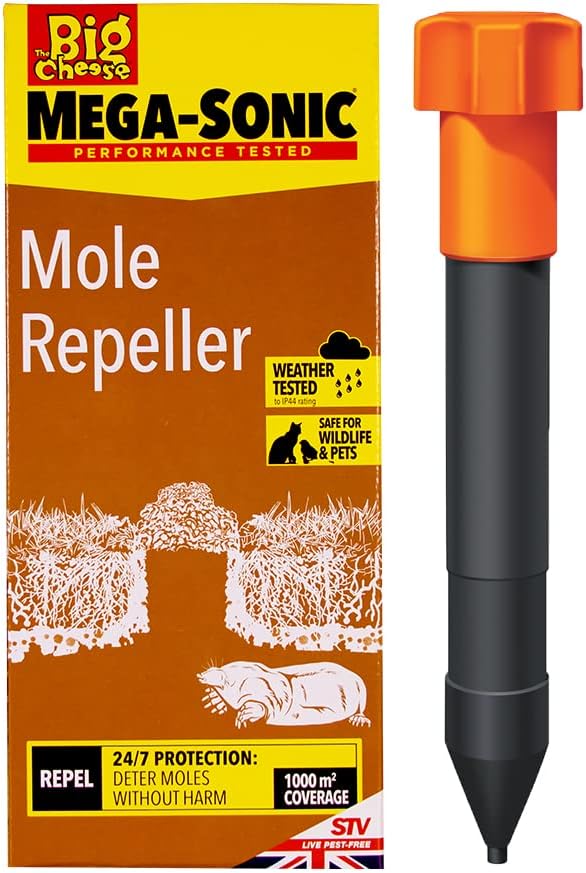 – Mega-Sonic Mole Repeller Stake (Battery Powered, Hi-Vis, Humane, Natural Mole Deterrent) - STV645, Multicolour, 8.5x12x28 cm