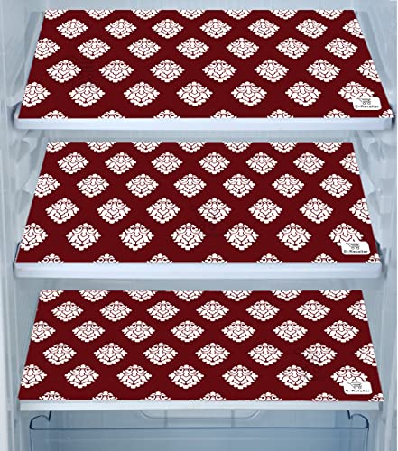 Image of Polyester 3-Layered Fridge Top Cover /Refrigerator Cover with Utility Pockets and Set of 3 Pc Fridge Mats (Color-Maroon, Size-39x21 Inch)