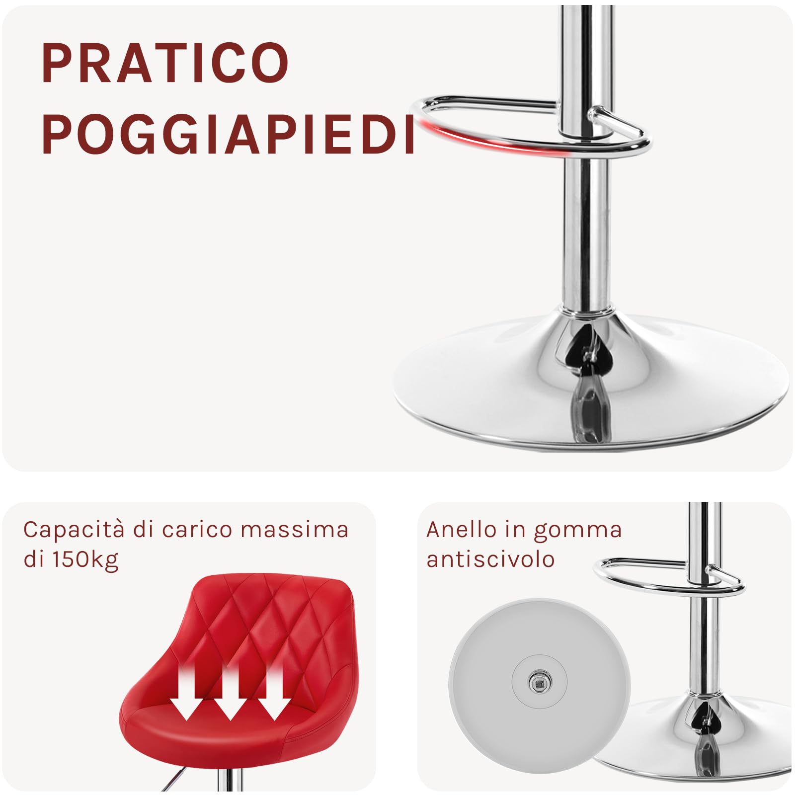 WOLTU Sgabello da Bar Moderno Girevole Sedia Cucina Alta con Schienale Quadrato Poggiapiedi Senza Braccioli Altezza Regolabile in PU Rosso 1 Pezzo