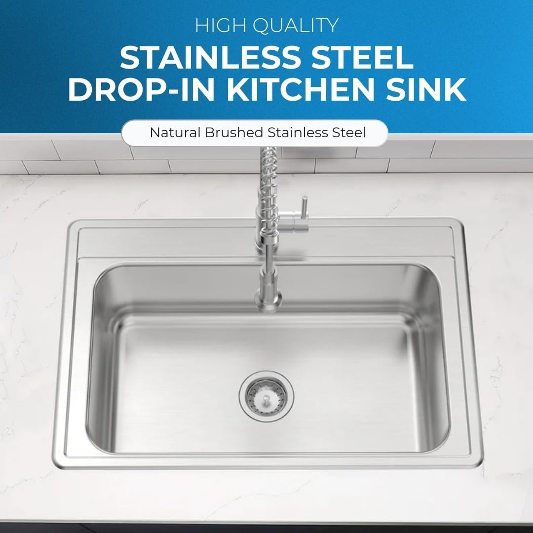 Zuhnë Fortuna 33 Drop In Kitchen Sink, Single Bowl 33 x 22 x 9 in, T304 18/10 Stainless Steel, Brushed Finish, 20 Gauge, Single Hole Deck, Sound Dampening Pads, Fast Drain Base