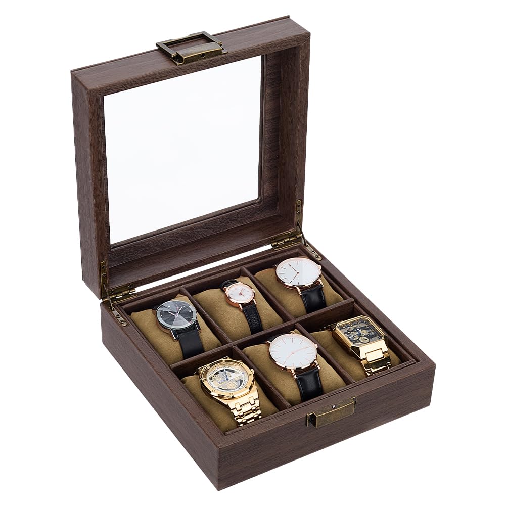 AHANDMAKER Uhren Koffer 6 Fach Holz Uhren Box Organizer für Männer Uhren Aufbewahrung Halter mit Glas Deckel Männer Schmuck Organizer für Vater Ehefrau Jahrestag Geburtstag Geschenke