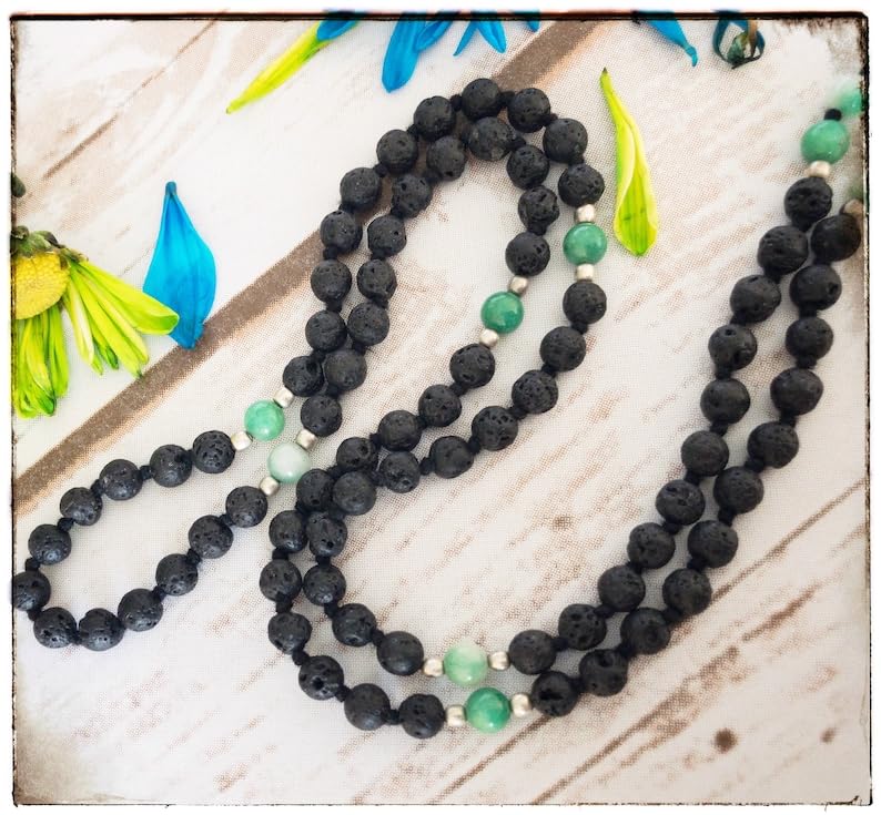 Cuentas Mala de piedra de jade verde lava, collar de 108 mala, nudo mala, collar WWG, joyería de yoga, cuentas de meditación, joyería espiritual, joyería bohemia, 34inch, Gema