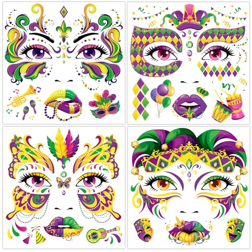 Qpout 8 Pieces Mardi Gras Face Tattoos New Orleans Parade Themed Carnival Party Tattoos Stickers for Adults Makeup Mask Masquerade Celebration Party Decoration Favor Supplies(4 Styles)