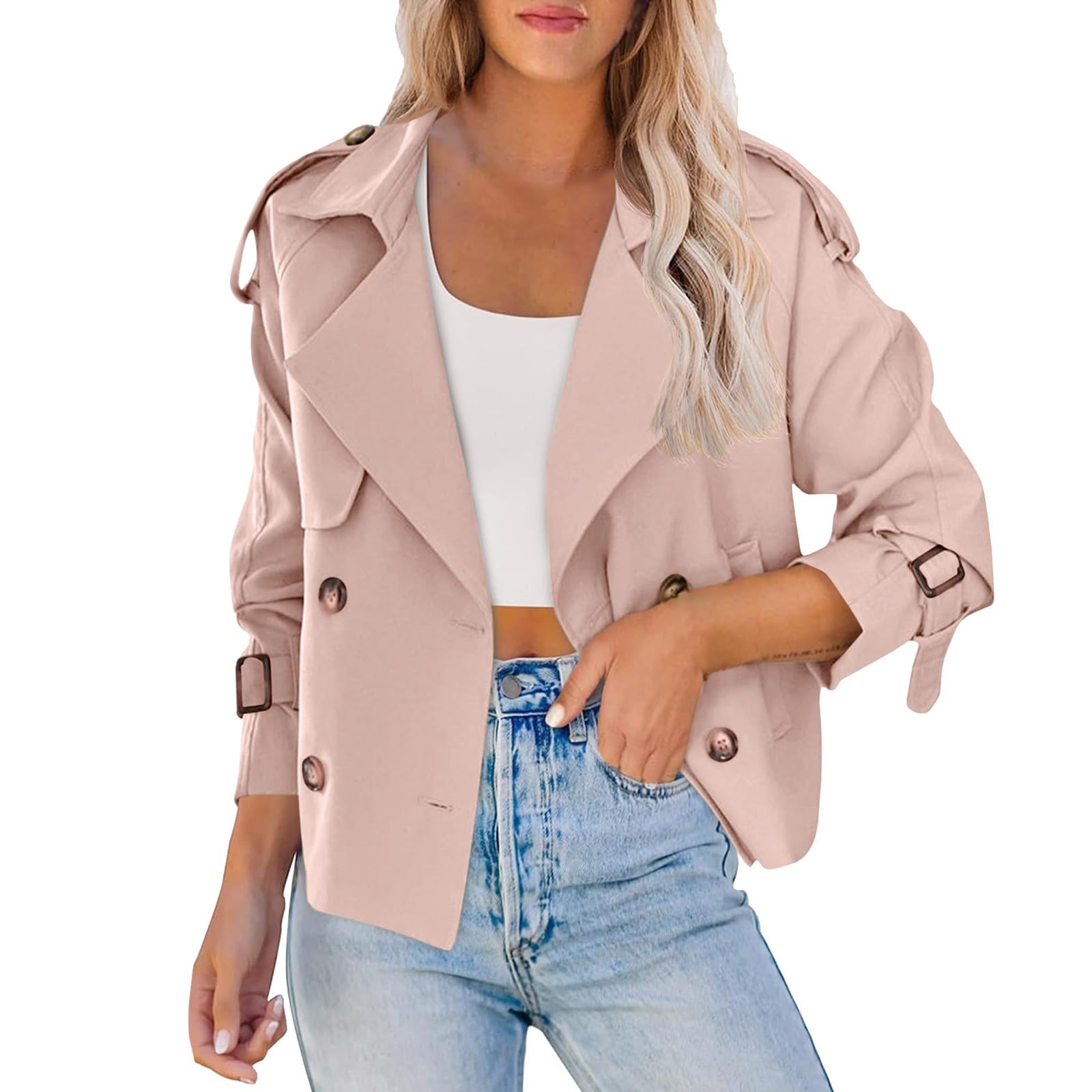 Generisch Damen Übergangsjacke Elegant Kurzjacke mit Reißverschluss Langarm Freizeit Bikerjacke Mode Mantel Lockerer Schnitt für Alltag und Büro