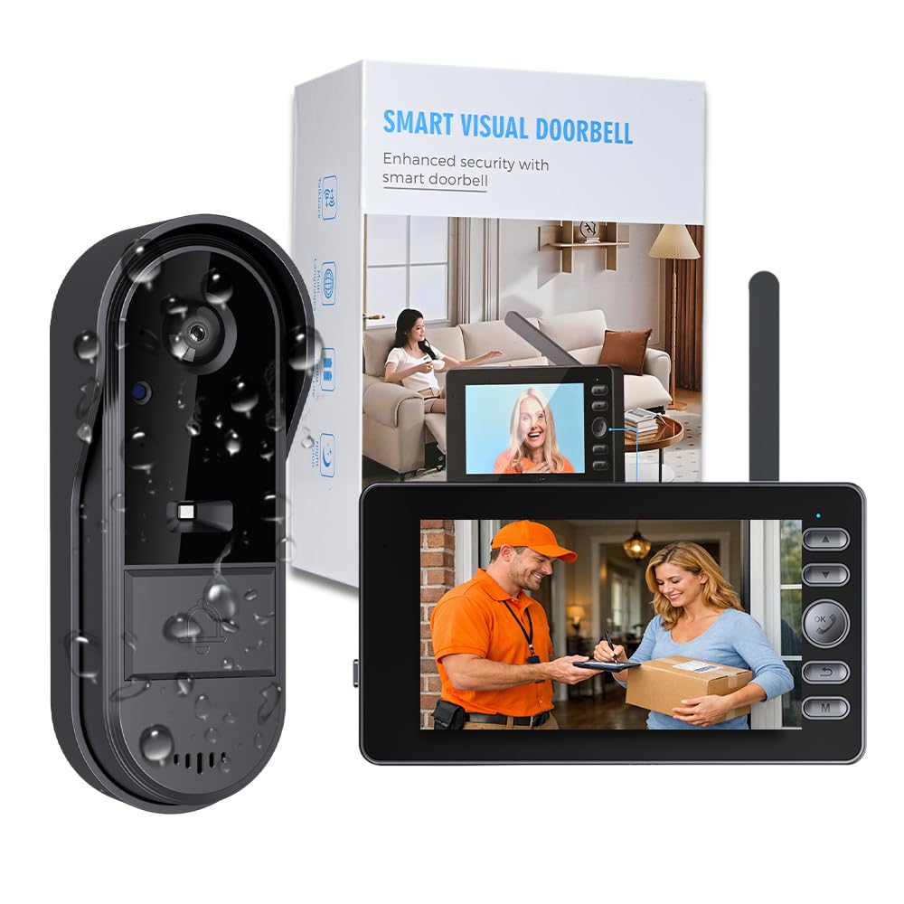 Sonnette Sans Fil Extérieure 1080P avec Caméra Écran IPS 4.3 Pouces Bluetooth Vision Nocturne Interphone Vidéo 120° Audio Bidirectionnel IP65