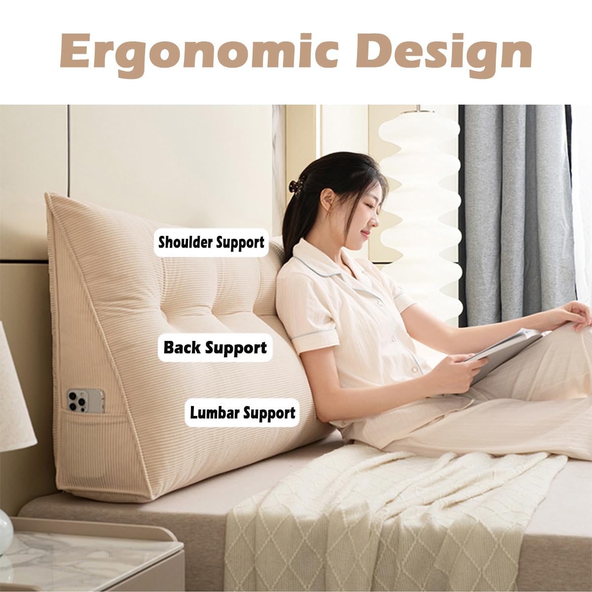Ergonomiczna trójkątna poduszka na klin, podparcie lędźwiowe, poduszka do czytania ze zdejmowaną poszewką, idealna na łóżko, sofę, kanapę, do sypialni, relaksacyjna poduszka na oparcie (khaki, 150 x