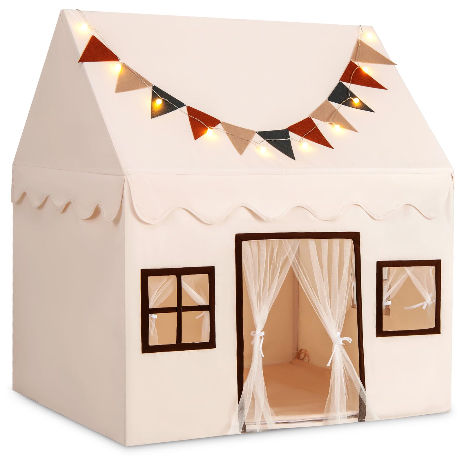 DREAMADE Spielzelt für Kinder mit Lichterkette und gepolsterter Matte, Tipi Zelt Kinder Spielhaus mit Fenstern, Kinderzelt für Jungs und Mädchen für Indoor und Outdoor (Beige+Braun)