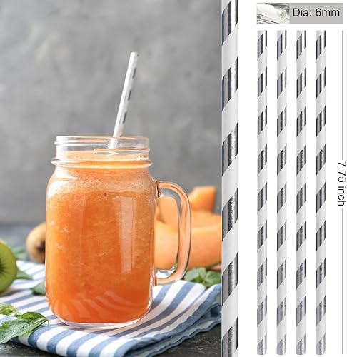 Miniatura 2 de ALINK 100 pajitas de papel a rayas plateadas y blancas, biodegradables desechables para Navidad, cumpleaños, Año Nuevo, suministros de decoración de