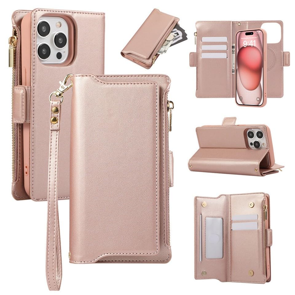 Protection portefeuille iPhone 16 Plus or rose en cuir pour sécuriser vos sorties quotidiennes