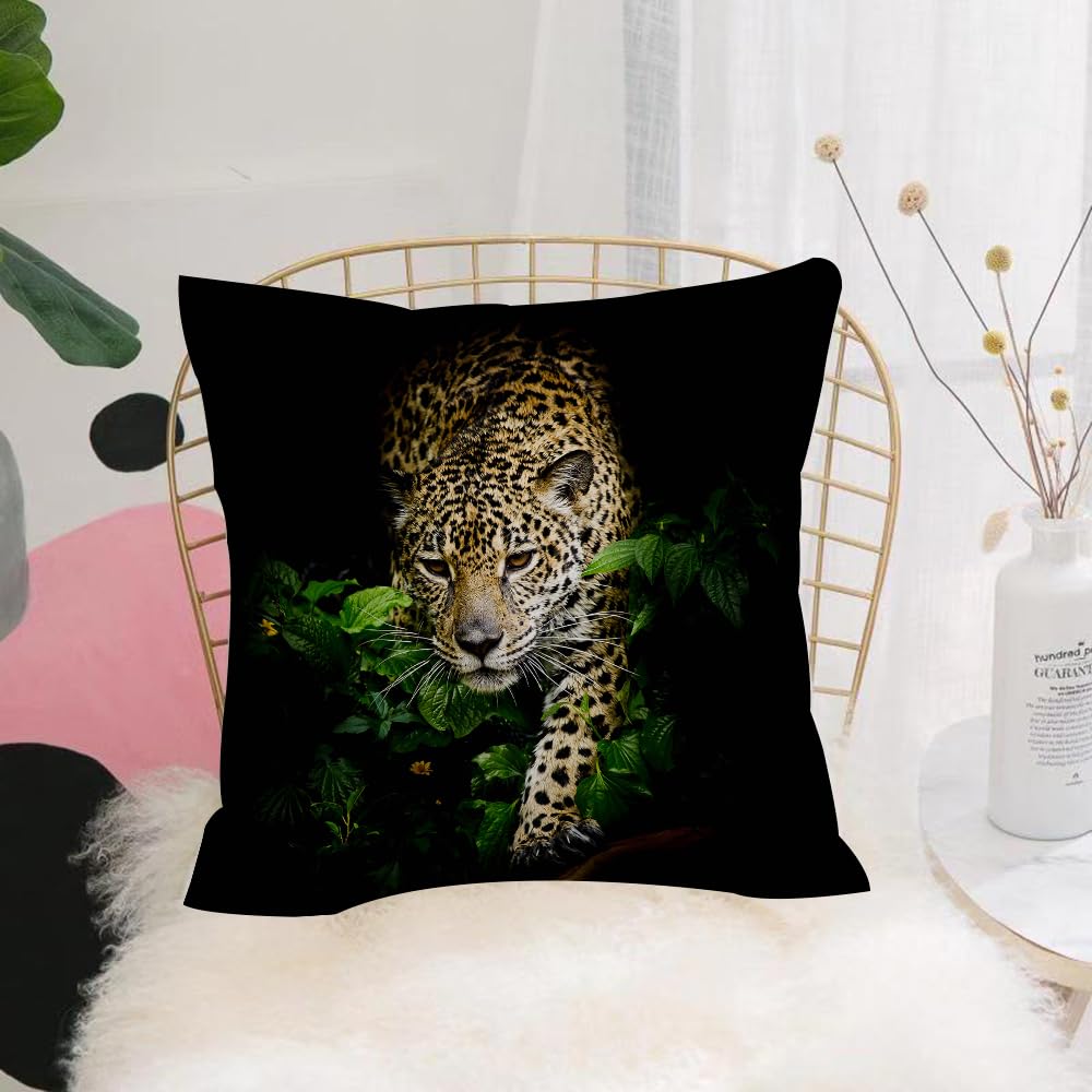 HYOSXW Cushion Cover,Throw Pillow Case Home Decorative for Living Room Bedroom Sofa Chair 16X16 Inch,Leopard Wild Animal Safari 3D Leopard in The Forest Green Leaf Flower Vivid 3D,Pillowcase 40X40cm