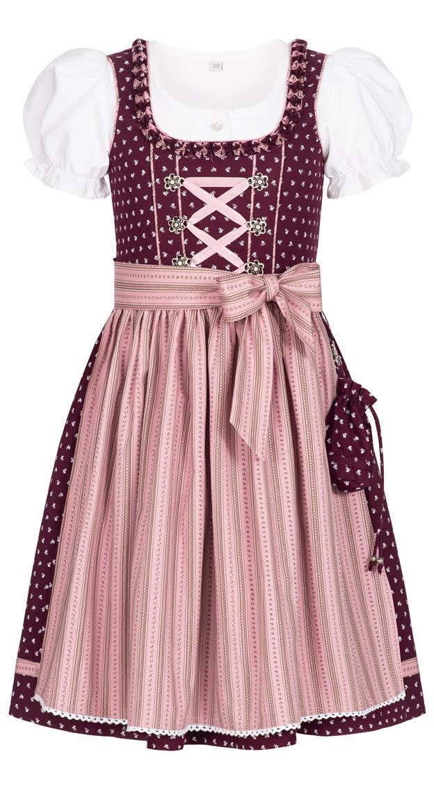 Nübler Dirndl Mädchen NABILA - 3-teiliges Set inkl. Dirndl Kleid, Trachtenbluse & Schürze in Beere, hochwertige bayerische Tracht, Bezauberndes Blumenmuster, ideal für Feste und Feiern