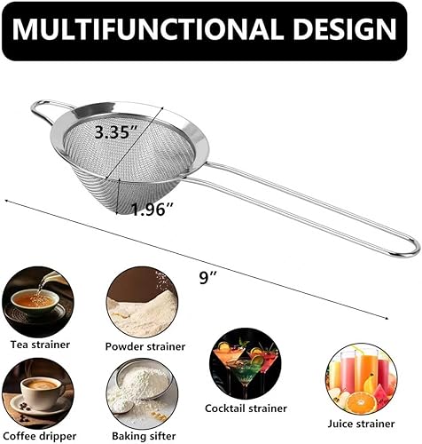Miniatura 7 de Paquete de 3 coladores pequeños de acero inoxidable 304 de malla fina para cocina, tamiz Matcha con mango para té, café, cócteles, harina, jugo