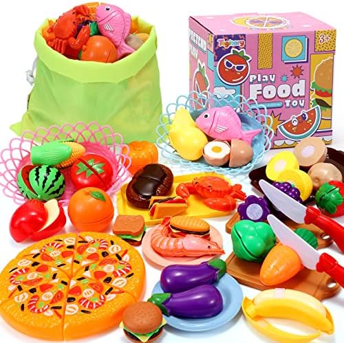 Tagitary Play Food Toy Kitchen Set Pretend Food for Kids,85 PCS Cutting Toy Fake Food with Fruit Veggies,Pizza and Storage Bag,Play Kitchen Accessories Educational Toy for Toddlers