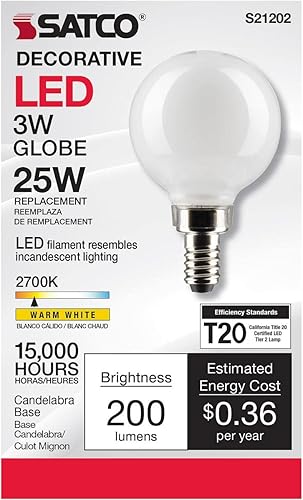 Miniatura 4 de Satco Bombilla LED E12 de 3 W, 2700 K, clasificación de 15000 horas, regulable