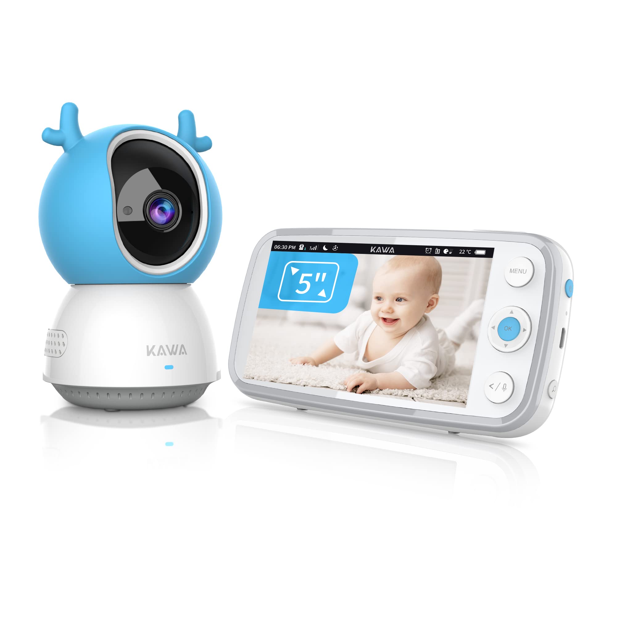 KAWA Moniteur Vidéo pour Bébé Babyphone Écran HD 5" 720p, Conversation Bidirectionnelle, Vision Nocturne, Mode VOX, Moniteur De Température, Berceuses, Portée De Transmission De 1000 Pieds