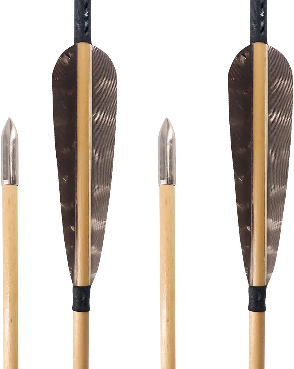 Lot De 6 Flèches De Tir à L'Arc Traditionnel En Bois - 31,5 Pouces - Plumes Noires/Rouges - Neuves