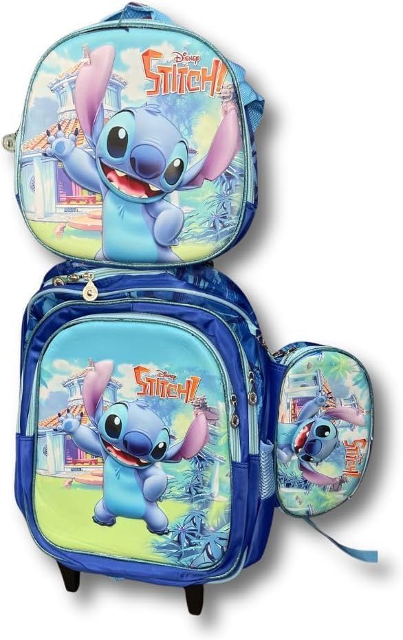 Kit Escolar Infantil Stitch com Mochila 3D com Rodinhas e Lancheira Térmica, Masculino, Ideal para Meninos Modernos Qualidade e Charme para a Escola, Pronto para Voltar às Aulas!