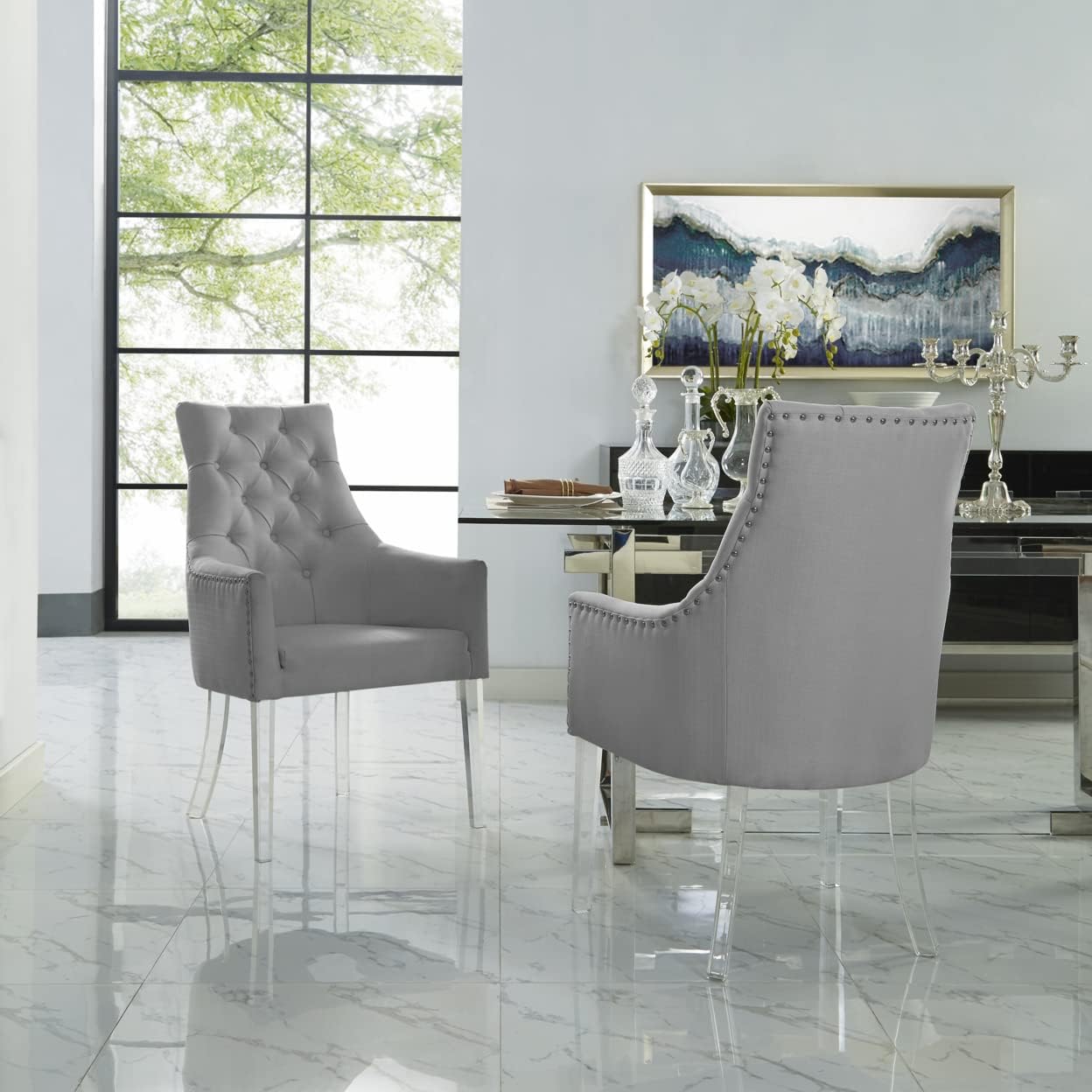 Marilyn Light Grey Dining Chair – Linen | Set of 2 | Tufted | Acrylic Leg | Inspired Home