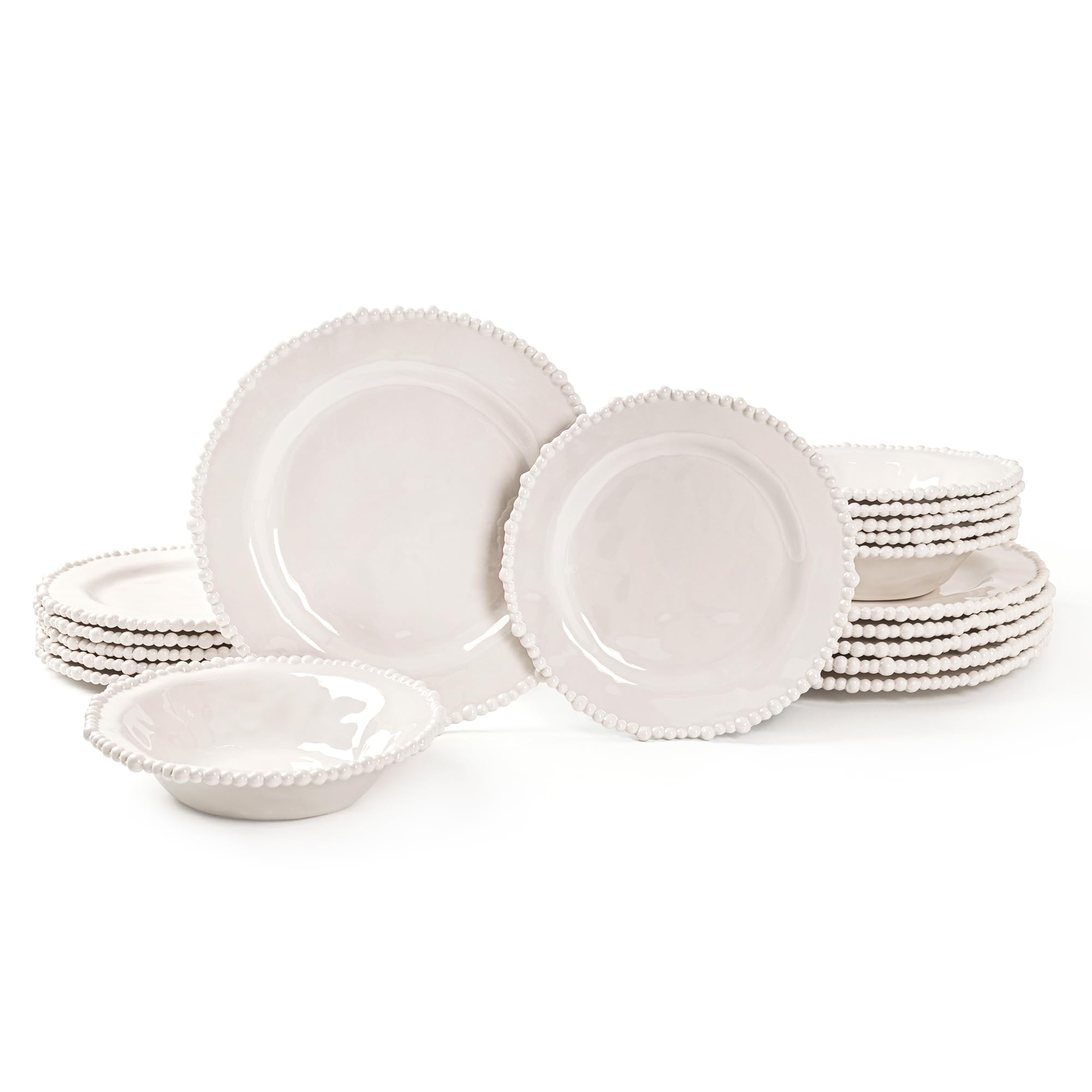 AELS Set di 18 piatti in melamina con perline, per interni ed esterni, lavabili in lavastoviglie, leggeri, infrangibili, senza BPA, color crema lucido