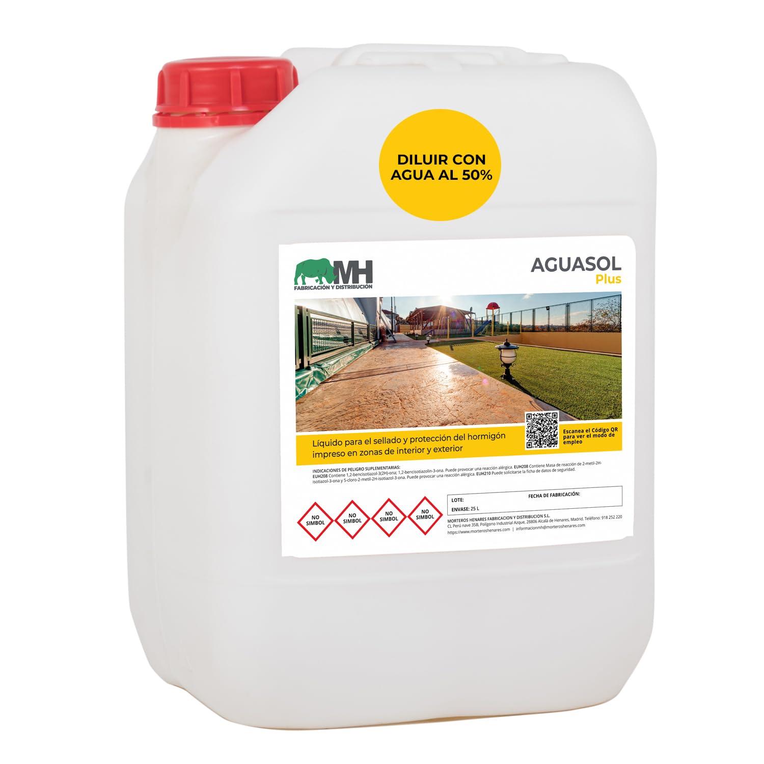 Resina para hormigón impreso en base agua.25Litros. Conserva y mantiene pavimentos de hormigón impreso, para exteriores e interiores, diluir con agua al 50%. Aguasol Plus.