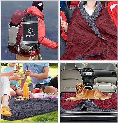 REDCAMP Große Camping Decke mit Sherpa Futter, Kaltwetter Warme Outdoor Decke Winddicht für Camping Stadion, Maschinenwaschbar 59'x 79' Rot