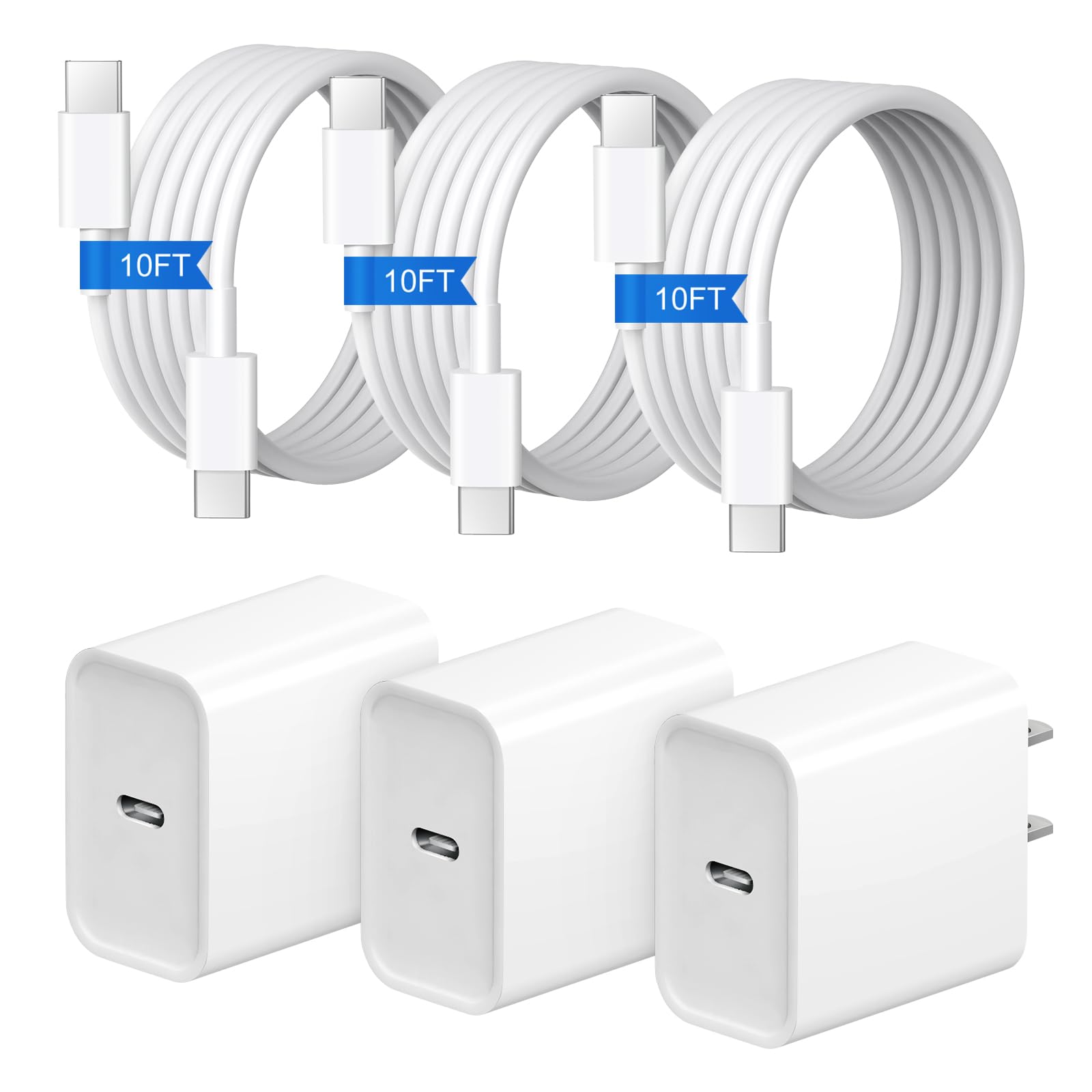 iPhone 17 16 15 Charger Fast Charging 3+3Pack 20W USB C Wall Charger with Extra Long 10FT Fast Charging Cable Compatible with iPhone 17/17 Air/17 Pro/17 Pro Max/iPhone 16/15 Series, iPad Pro/AirPods