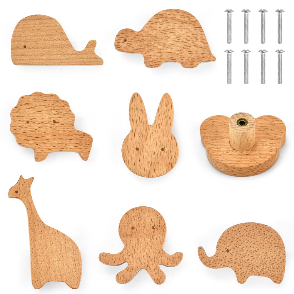 Pomelli per Mobili Bambini Maniglie Armadio Orso Leone Coniglio 8 pz Legno Viti