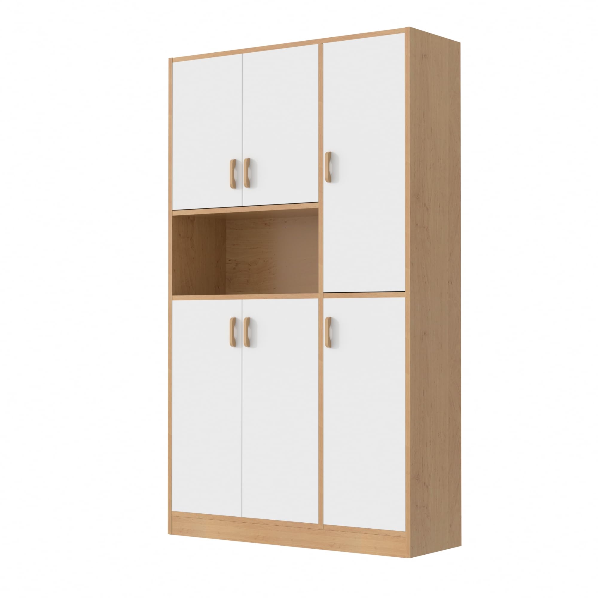 Oak and White Kitchen Pantry Cabinet, 70" Tall Kitchen Storage Cabinet with 6 Doors, Freestanding Kitchen Hutch with Storage for Kitchen, Dining Room