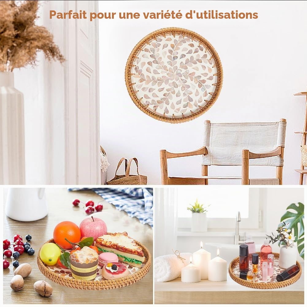 CREATCABIN Plateau Rond Rotin Plateau Service Rotin Tissé Base Bois Panier Tissé Main Panier Décoratif Osier Plateau Organisateur pour Décoration Table Rangement Affichage Petit Déjeuner 11.8 Pouce