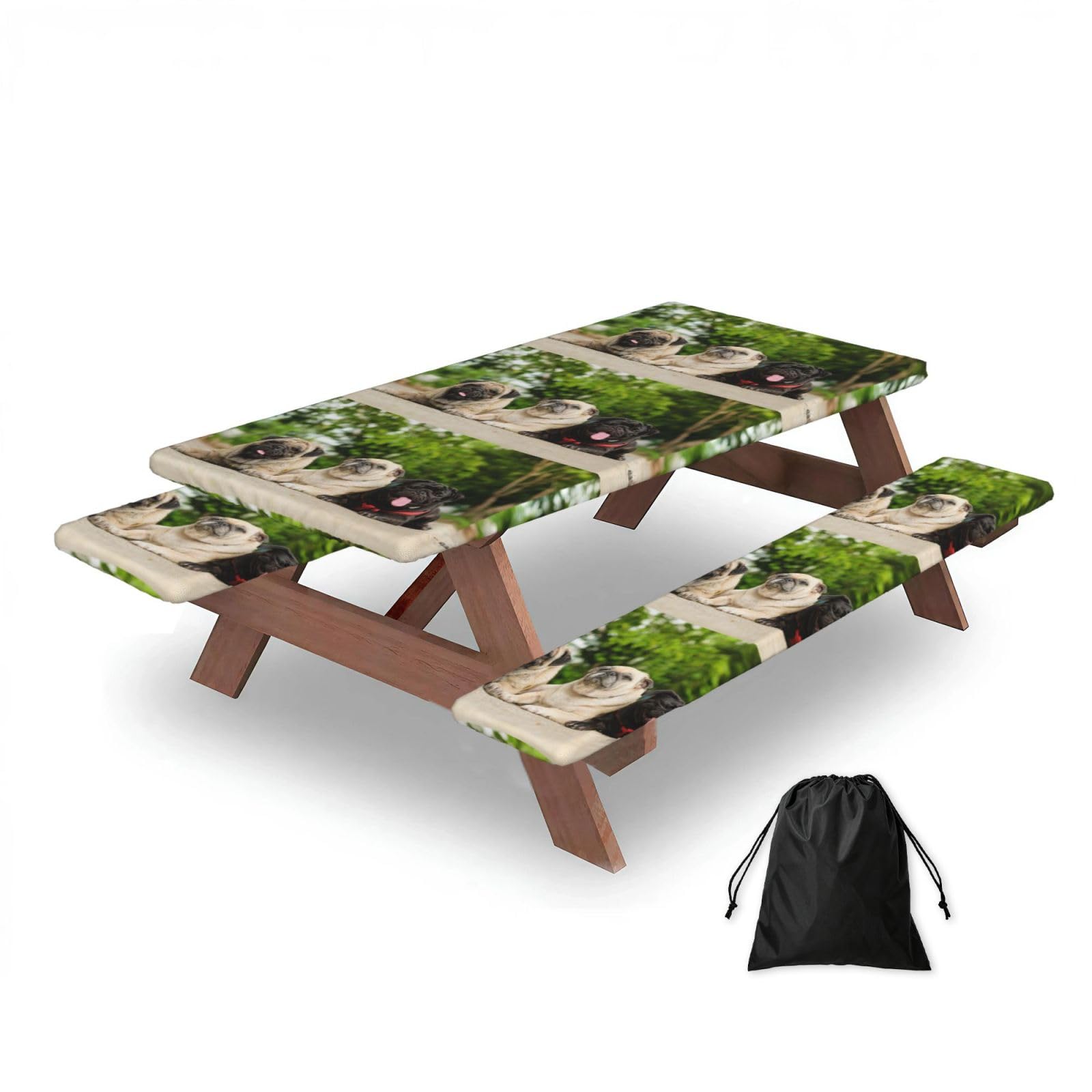 Dopklna As Picture Pug Friendship Bokeh Dogs Pets Friends Pug, Picnic Table Cover With Bench Covers -Waterproof Elastic Fitted Tablecloth For Garden Camping Patio 76X152cm