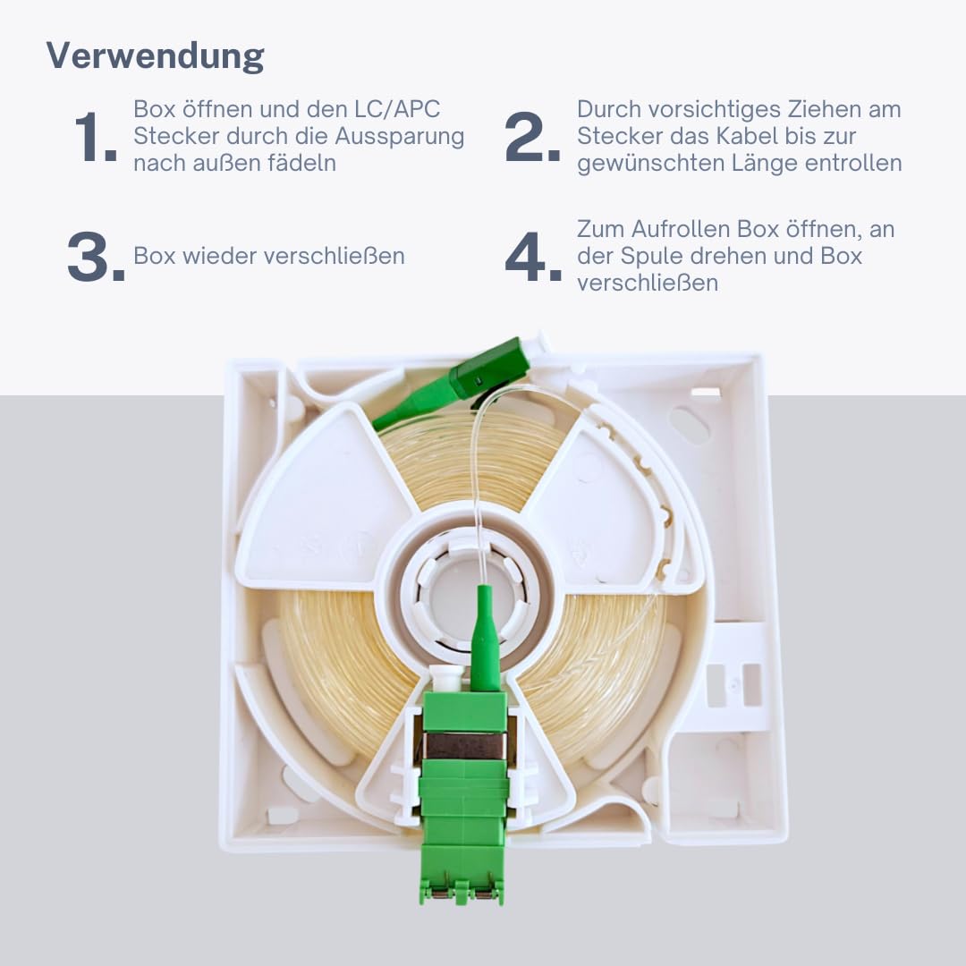 FTTH Ziehbox 20m – vorkonfektioniertes Glasfaserkabel LC/APC 8°, OS2 Patchkabel transparent, 0,9 mm, G.657.B3 für Router