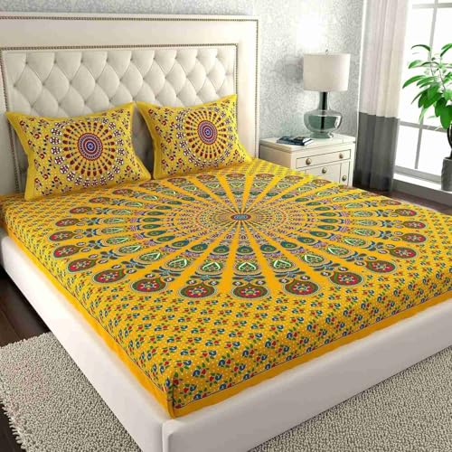 Image of UNIBLISS 100% Cotton Rajasthani Jaipuri Traditional Floral King Size Double Bed Bedsheet with 2 Pillow Covers - (Multicolor Bedsheets013)