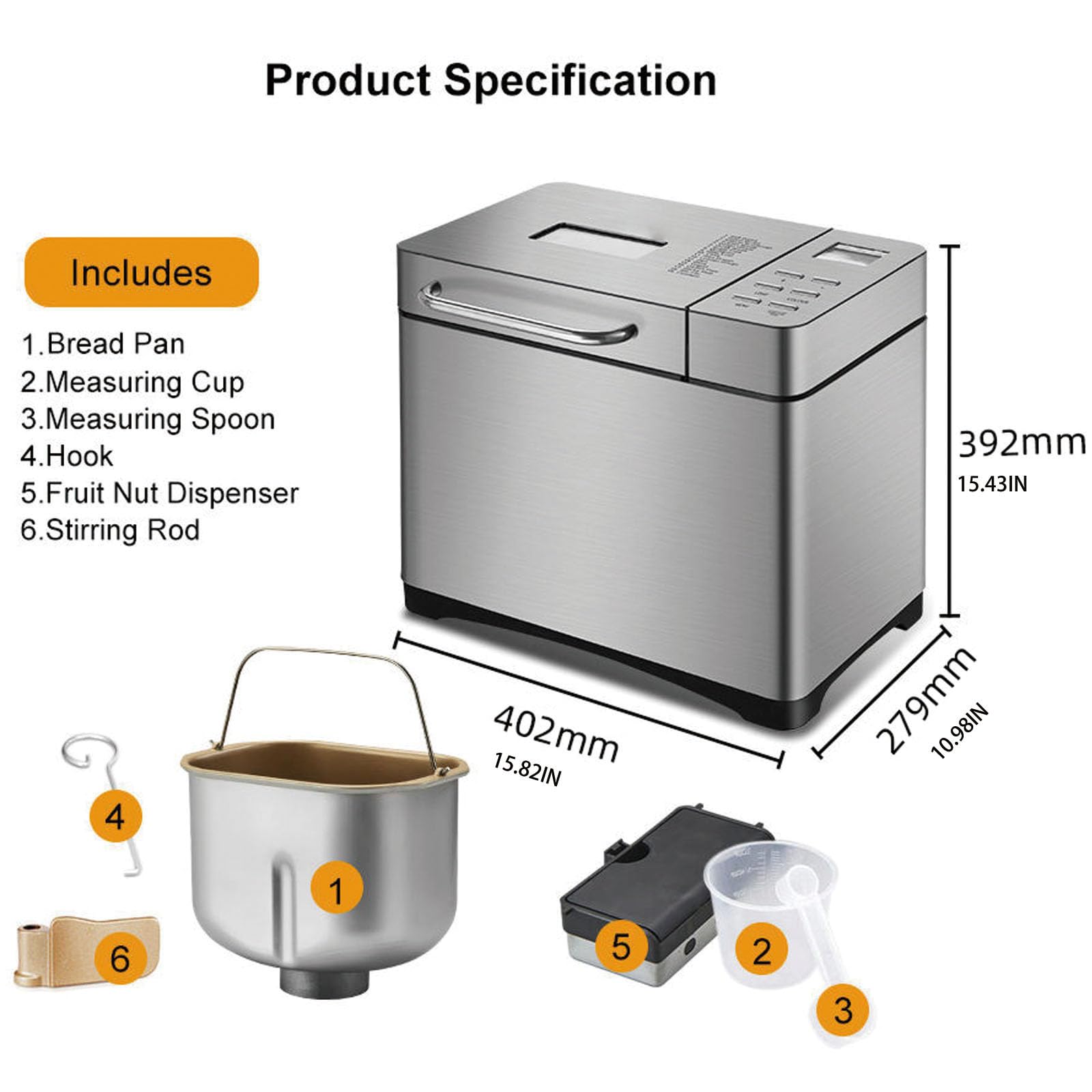 Mini máquina de pan con funciones 19 en 1, sartén antiadherente, panel táctil LCD, 3 tamaños de pan, extensión automática de nueces, temporizador de retardo para hornear en casa, yogur, mermelada