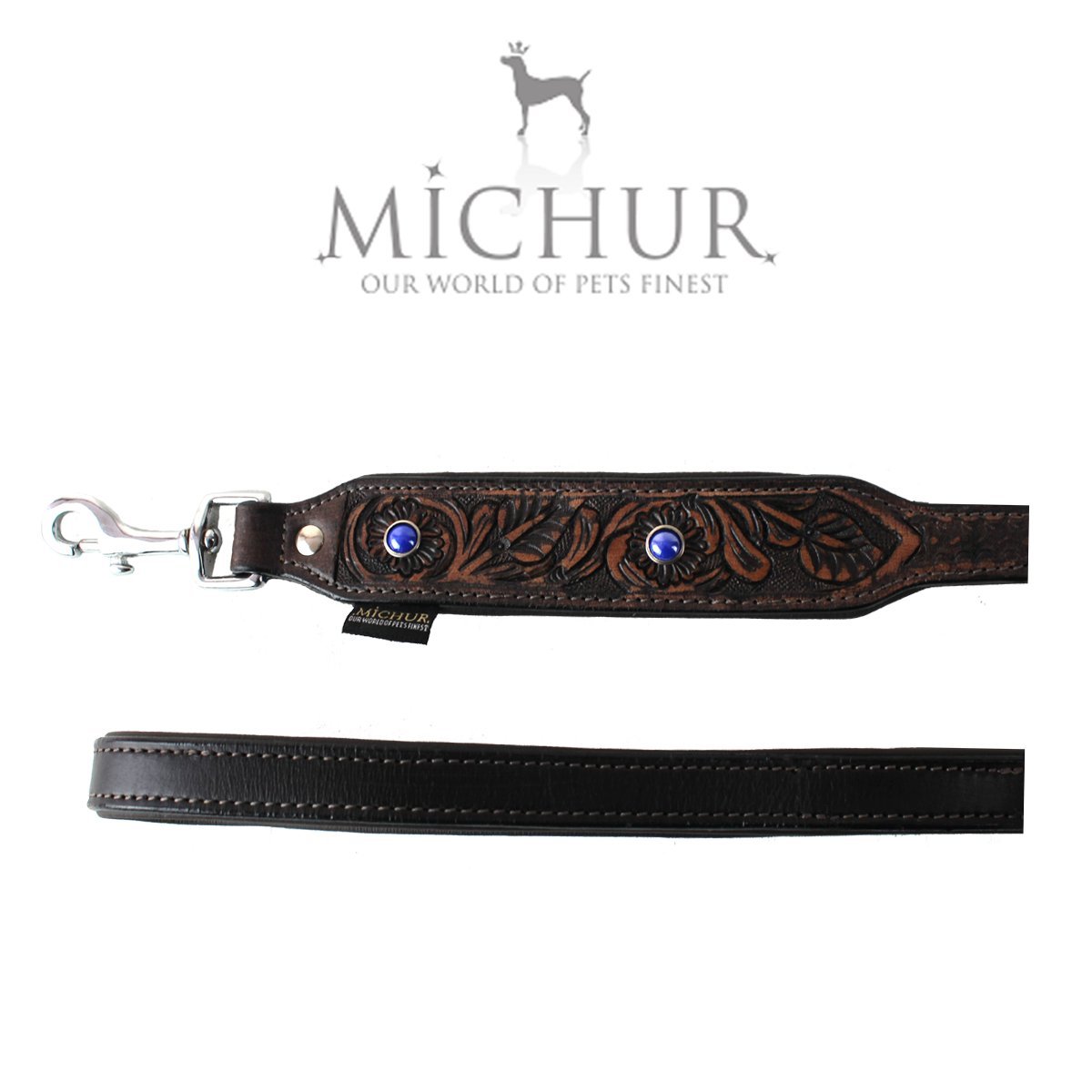 MICHUR Antonio Leine, Hundeleine Leder, Lederleine Hund, PASSEND ZUM Halsband ORDIC, BRAUN, Leder, mit blauen Steinchen
