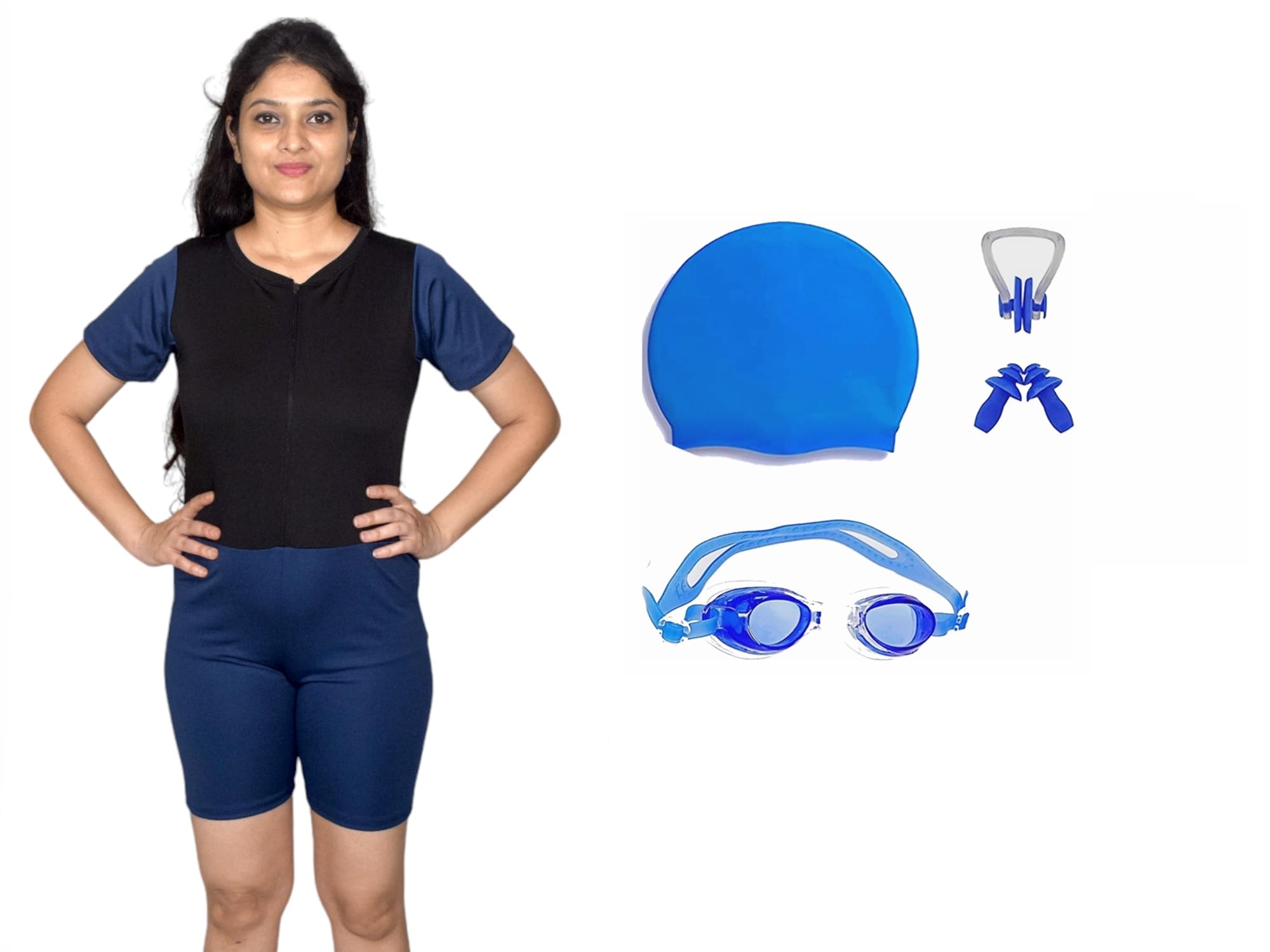 aqua holic Women's Swimming Half Suit with Swimming 1 Anti Fog Swimming Goggles + 1 Silicone Swimming Cap+ 1 Nose Clip+ 2 Ear Plugs-picture-32