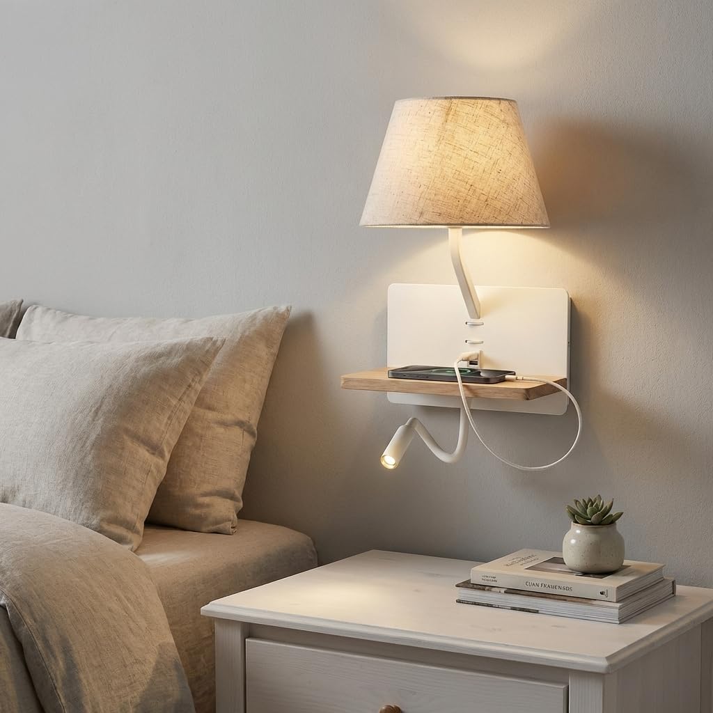 BARCELONA LED applique da parete con paralume in tessuto BEIGE, USB e USB-C ricarica, mensola in legno, luce lettura LED E27, stile naturale retrò industrial moderno minimalista classico camera