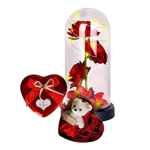 Kit Flores Artificias E Urso + Rosas Cúpula C/Led Namorados