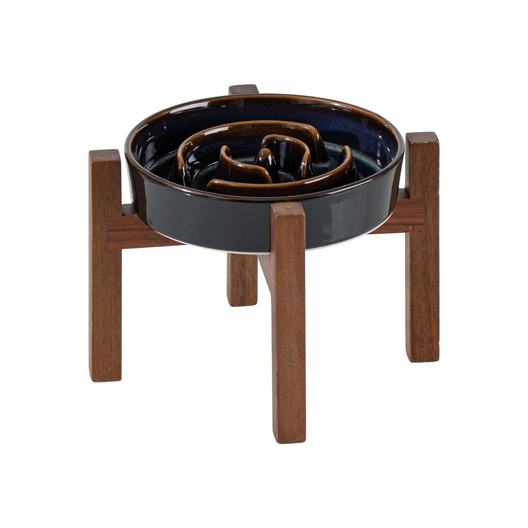Havniva Ceramic 1.2 Cup Raised Slow Feeder Dog Bowl Set, Elevated Acacia Wood Stand for Medium and Small Dog, 7.3inch Slow Dish, Stop Bloat(Single