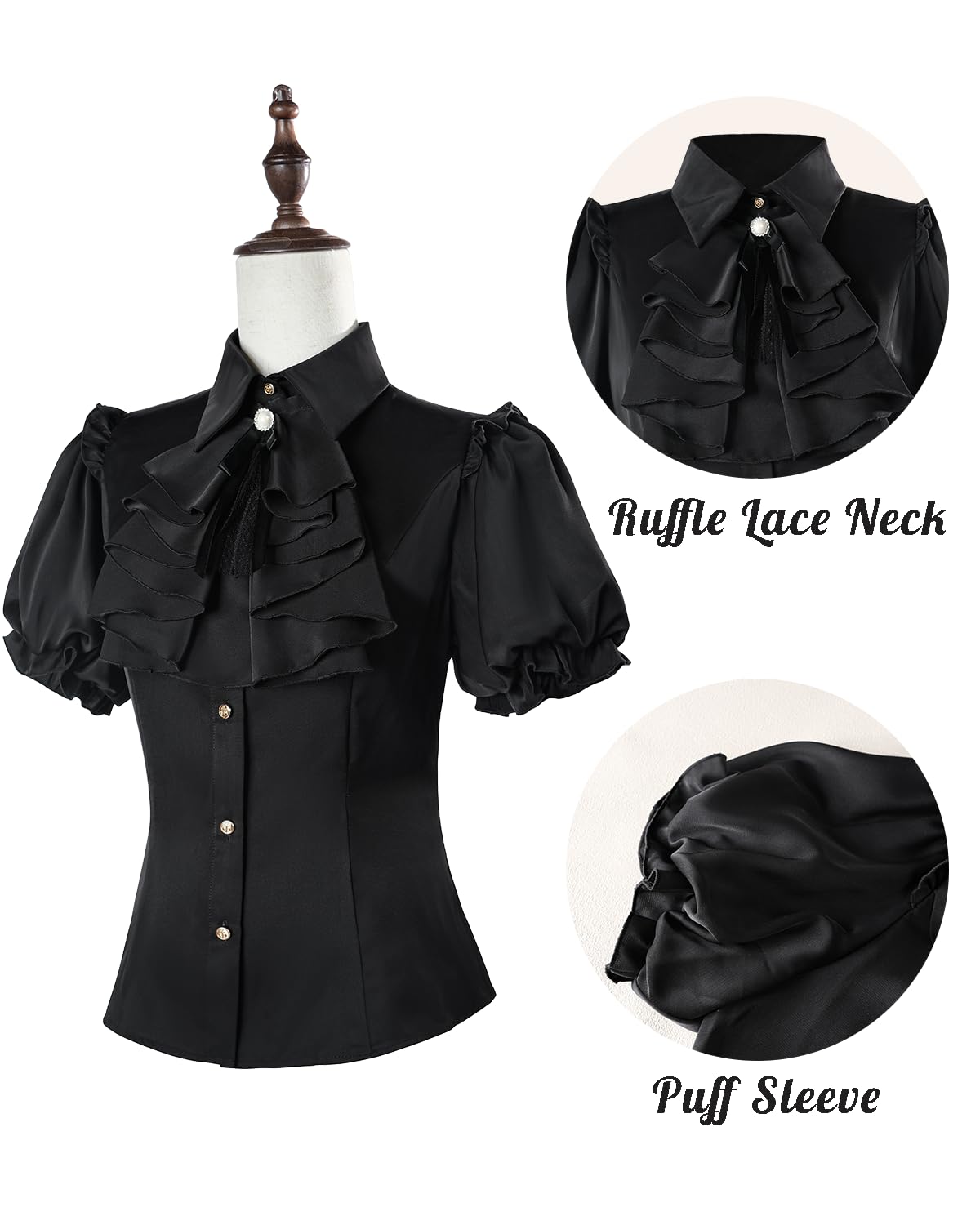 CR ROLECOS Chemisier victorien noir à manches courtes bouffantes gothique pour femme