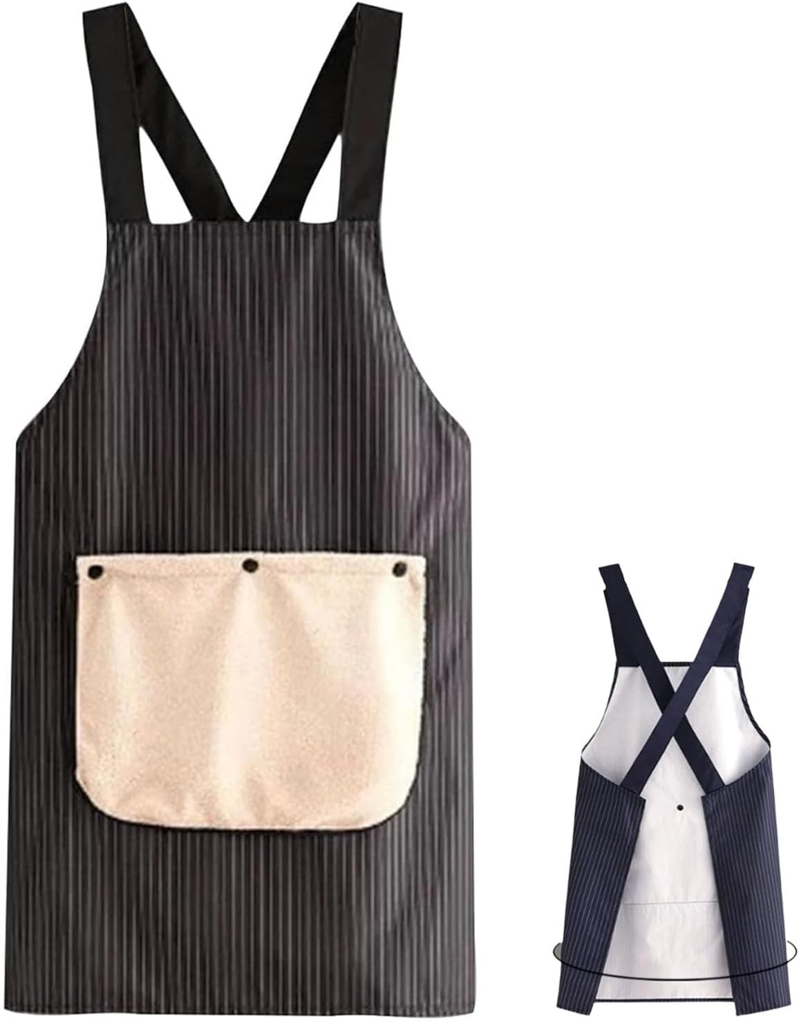 Pinstripe Cross-Back Kitchen Apron, Waterproof Chef Apron with Detachable Hand Towels, Lightweight, With Front Pocket